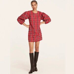 J. Crew Dress 2X Puff Sleeve Good Tidings Red Tartan Shift BD489